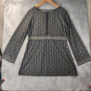 Black & Tan Geometric Pattern Long Sleeve Dress By Max Edition L Babydoll Office